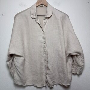 Acne Studios Women Linen Silk Blouse 38 Beige Raw Hem Oversized‎ Button Up Shirt